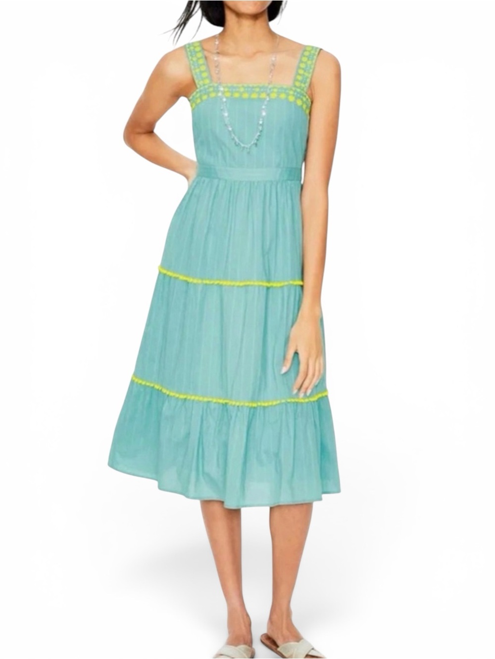 Boden Estella Embroidered Midi Dress Heron Blue Yellow Trim Cottagecore Size 10